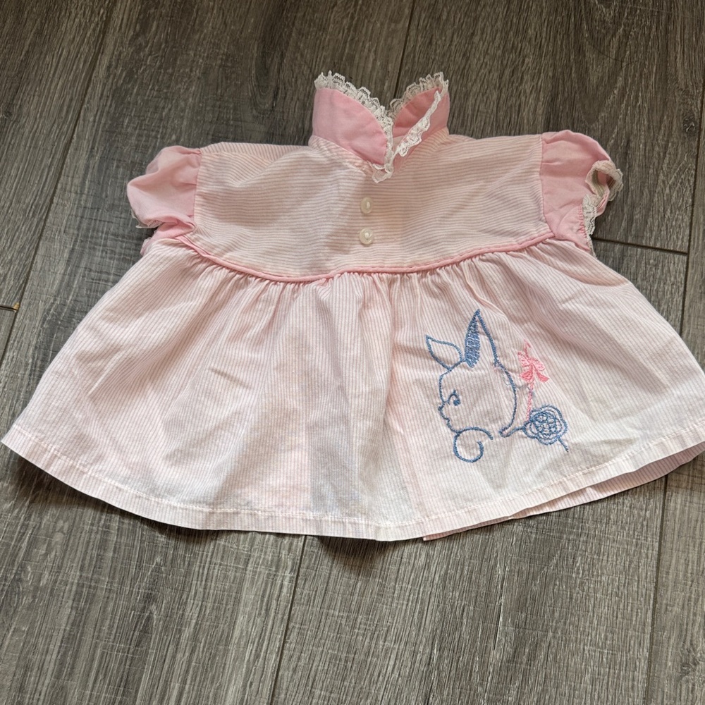 VTG Charming Pink Baby Dress with Bunny Embroidery
